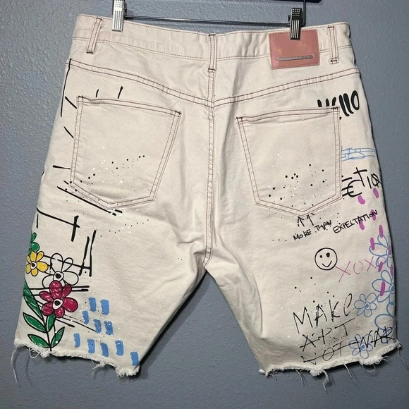 First Row Men Denim Shorts Sz 38 Hand Painted Distressed Boro Stitch 10” Inseam - Picture 4 of 10